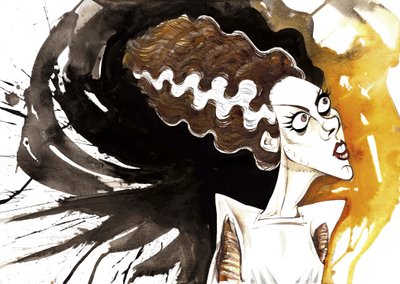 Elsa Lanchester, actrice anglaise (1902 - 1986); caricaturée en tant que la mariée du film de 1935 La Fiancée de Frankenstein, réalisé par James Whale (acteur et réalisateur anglais, 1889-1957) - Neale Osborne